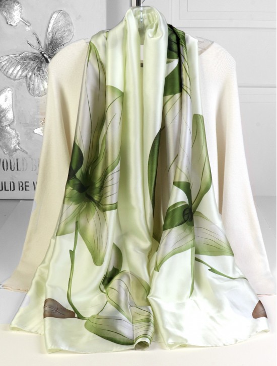 Premium Silk Feeling Light Green Floral Scarf